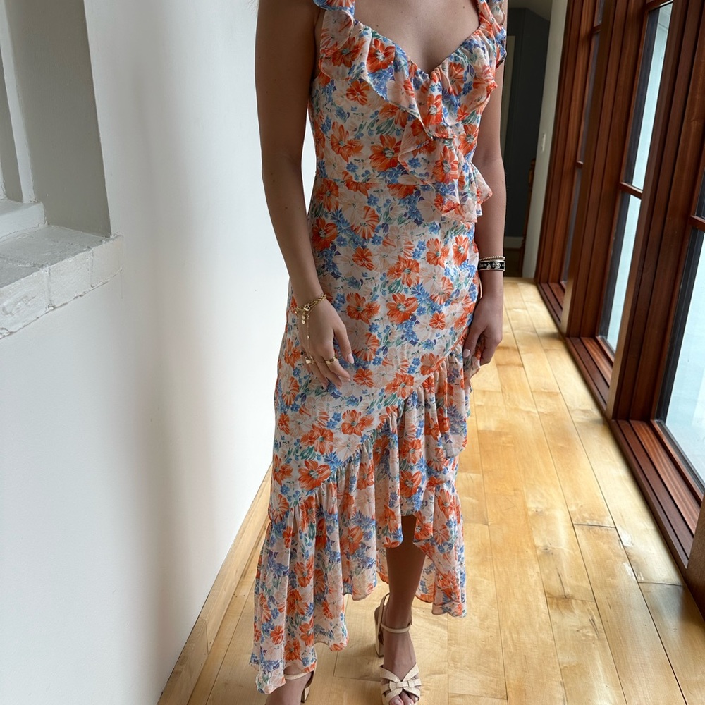 Astr Floral Midi Dress in Orange and Blue